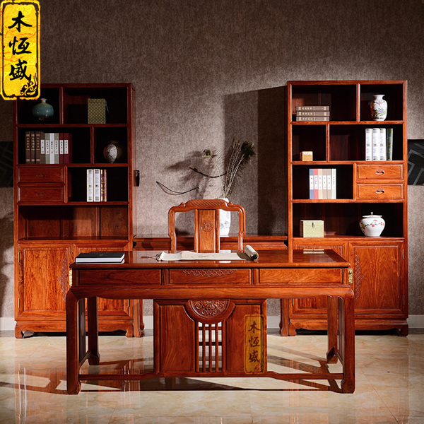 红木家具办公桌书柜组合缅甸花梨木中式实木老板桌大果紫檀大班台